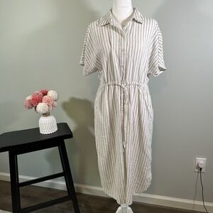 A New Day Linen Blend Shirt Dress White Stripe Midi‎ Medium Pockets